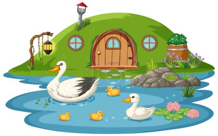 Photo for Ducks in water near a charming hillside house. - Royalty Free Image