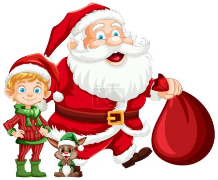 Illustration for Jolly Santa, cheerful elf, and cute reindeer illustration. - Royalty Free Image