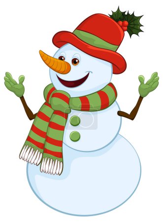 Téléchargez les illustrations : Bonhomme de neige souriant avec chapeau et écharpe de fête. - en licence libre de droit