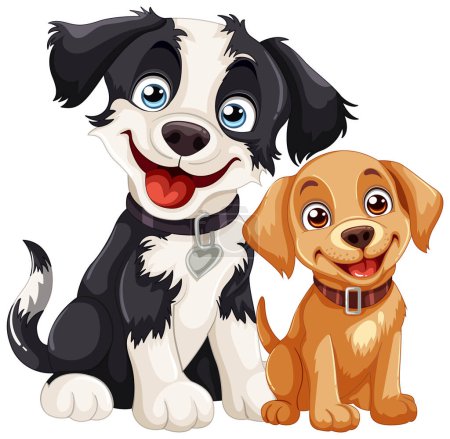 Téléchargez les illustrations : Deux chiens de dessin animé heureux assis ensemble. - en licence libre de droit