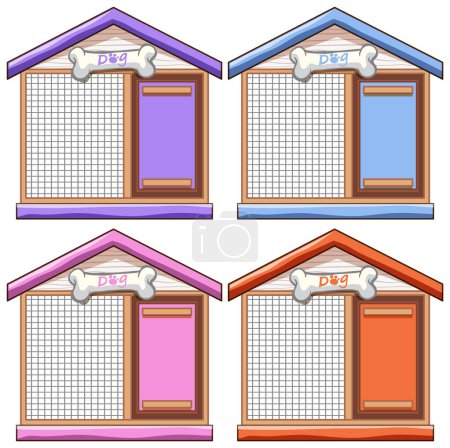 Four vector dog houses with different colors