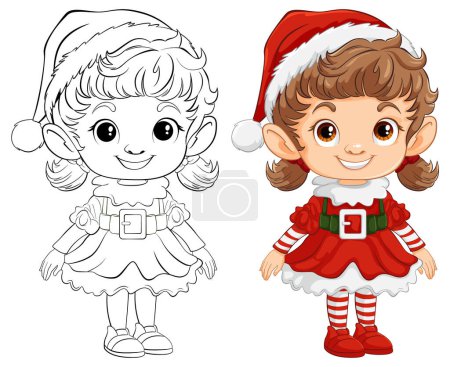 Téléchargez les photos : Vecteur de fille de Noël coloré et noir et blanc. - en image libre de droit