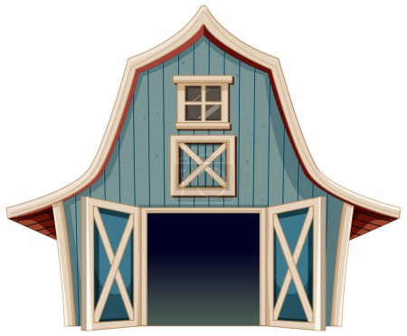 Cartoon-style blue barn with white trim details.