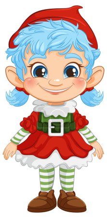 Personaje elfo sonriente en colorido disfraz de Navidad.