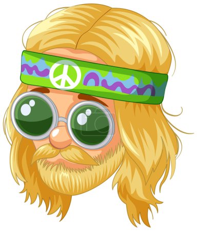 Cartoon-Hippie-Kopf mit Friedenszeichen-Brille.