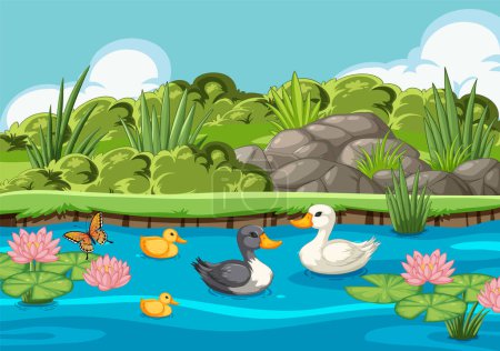 Téléchargez les photos : Illustration vectorielle de canards dans un étang serein. - en image libre de droit