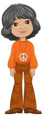 Cartoon girl with peace sign necklace smiling.