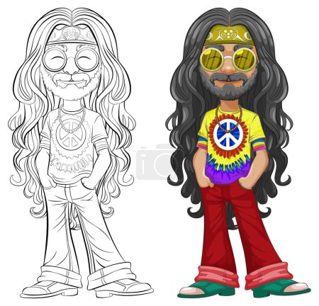 Téléchargez les illustrations : Vecteur coloré d'un homme hippie inspiré des années 1960. - en licence libre de droit