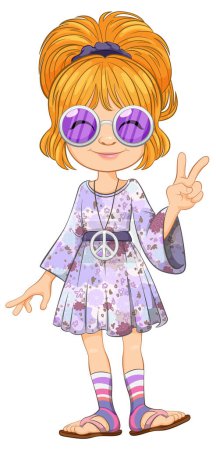 Cartoon girl in hippie attire flashing peace sign.