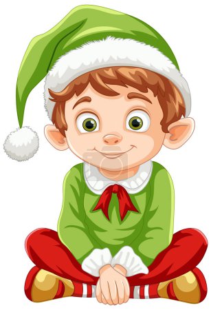 Smiling elf character in Christmas-themed clothing.