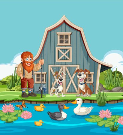 Illustration for Illustration of a farmer with animals near a barn. - Royalty Free Image