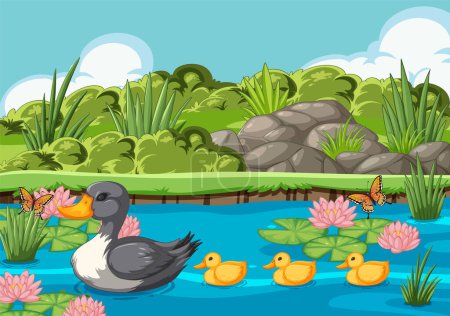 Ilustración de Ilustración vectorial de patos en un entorno sereno de estanque - Imagen libre de derechos