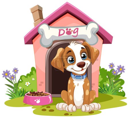 Illustration for Cartoon puppy sitting by its colorful doghouse - Royalty Free Image