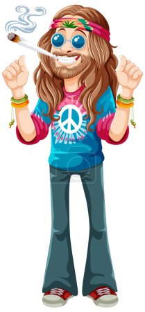 Illustration for Cartoon hippie with peace sign and musical note - Royalty Free Image