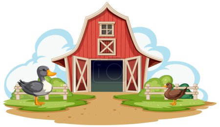 Téléchargez les illustrations : Deux canards près d'une grange avec des nuages en arrière-plan - en licence libre de droit