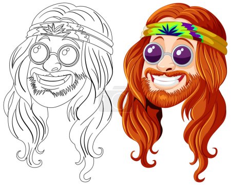 Black and white and colored hippie character faces