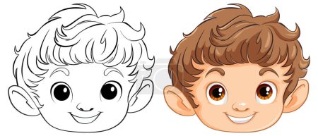 Vector illustration of a boy's face, before and after coloring