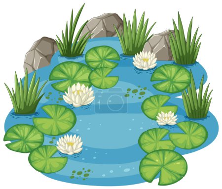 Ilustración de Estanque tranquilo con almohadillas de lirio y flores en flor. - Imagen libre de derechos