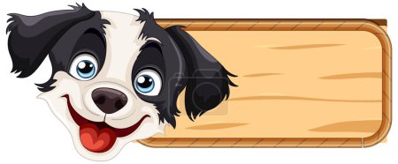 Illustration for Cartoon dog beside an empty wooden sign. - Royalty Free Image