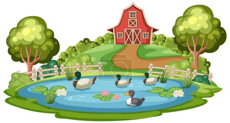 Téléchargez les illustrations : Illustration vectorielle de canards nageant dans un étang agricole - en licence libre de droit