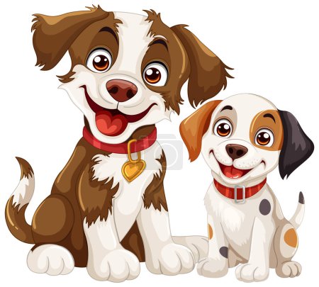 Téléchargez les illustrations : Deux chiens de dessin animé heureux avec des expressions ludiques - en licence libre de droit
