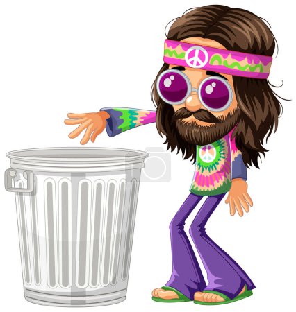 Illustration for Colorful hippie character standing next to a bin - Royalty Free Image