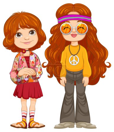 Ilustración de Dos chicas de dibujos animados vestidas con atuendo vintage de los años 70. - Imagen libre de derechos