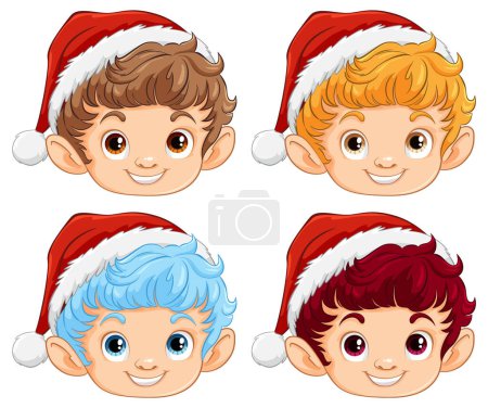 Four cheerful elves wearing Santa hats in vector style.