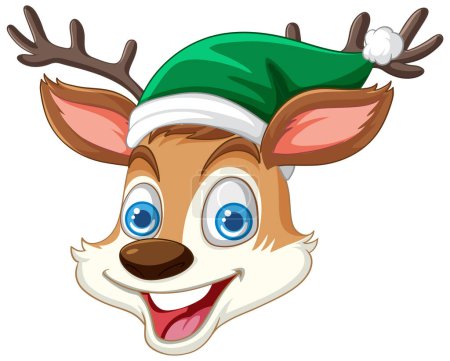 Téléchargez les illustrations : Illustration vectorielle d'un renne souriant portant un chapeau de Noël. - en licence libre de droit