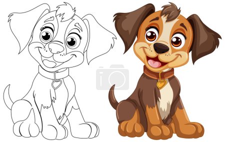 Illustration for Two cartoon dogs smiling, one colored and one outlined. - Royalty Free Image