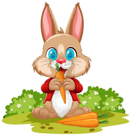 Téléchargez les photos : Adorable lapin mangeant de la carotte dans un champ de fleurs. - en image libre de droit