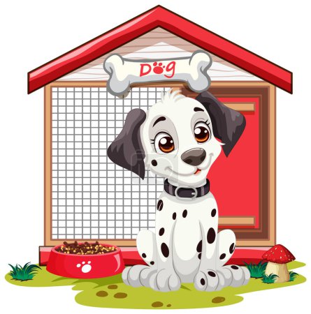 Cartoon puppy sitting by its kennel and food bowl.