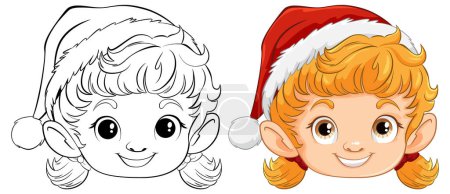 Téléchargez les illustrations : Art coloré et linéaire d'un elfe de Noël souriant - en licence libre de droit
