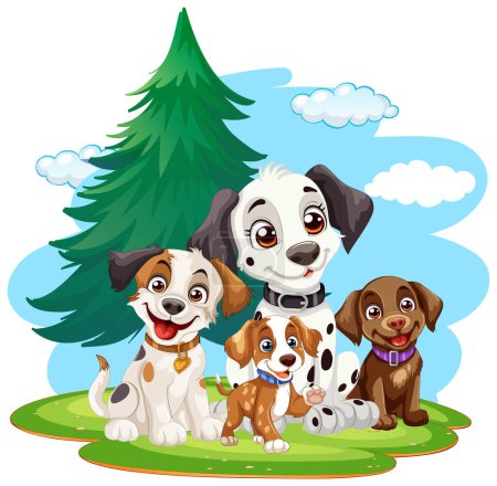 Téléchargez les illustrations : Trois chiens de dessin animé assis joyeusement près d'un arbre - en licence libre de droit