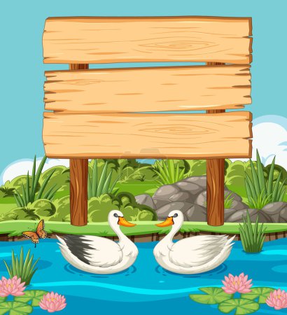 Illustration for Two ducks swimming near a blank wooden sign. - Royalty Free Image