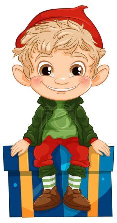 Vector illustration of a happy elf on a present