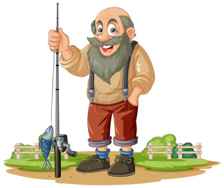 Illustration for Cheerful old fisherman standing with a fishing rod - Royalty Free Image