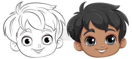 Two smiling cartoon boys with different skin tones