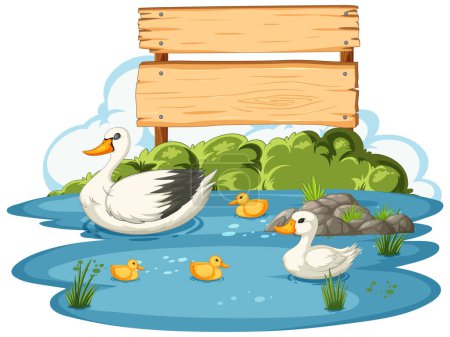 Vector illustration of ducks with wooden sign