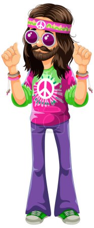 Colorful cartoon of a hippie promoting peace and love
