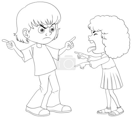 Two cartoon children arguing, black and white drawing.