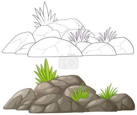 Formación rocosa simple con vector de plantas verdes.