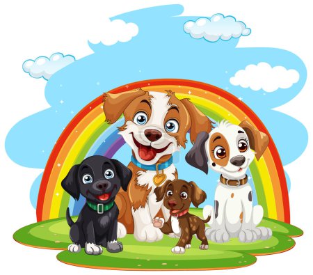 Téléchargez les illustrations : Quatre chiens de dessin animé souriant sous un arc-en-ciel coloré - en licence libre de droit