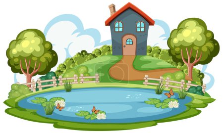 Illustration for Vector illustration of a cozy house with a pond - Royalty Free Image