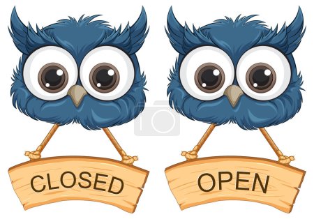 Illustration for Two owls with signs showing open and closed status. - Royalty Free Image