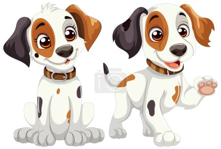 Téléchargez les illustrations : Deux chiens de dessin animé avec des expressions heureuses. - en licence libre de droit