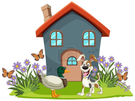 Ilustración de Perro y pato frente a una pequeña casa de dibujos animados - Imagen libre de derechos
