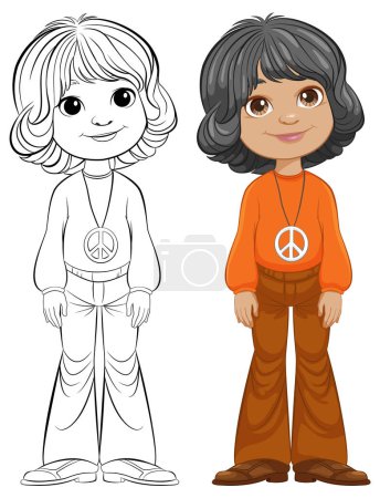Téléchargez les illustrations : Deux enfants illustrés avec des symboles de mode et de paix des années 1970. - en licence libre de droit