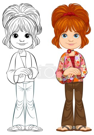 Illustration for Vector illustration of a girl and her line art. - Royalty Free Image