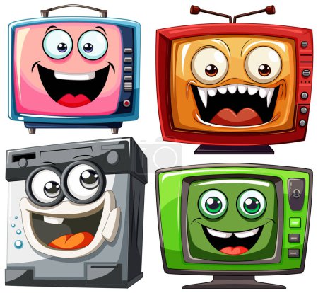 Illustration for Four cartoon televisions with various funny faces. - Royalty Free Image